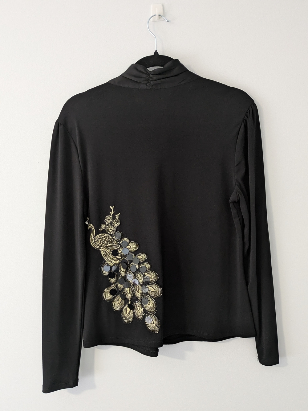 Suzy Shier Black Long-Sleeve Top with Gold Peacock Embroidery
